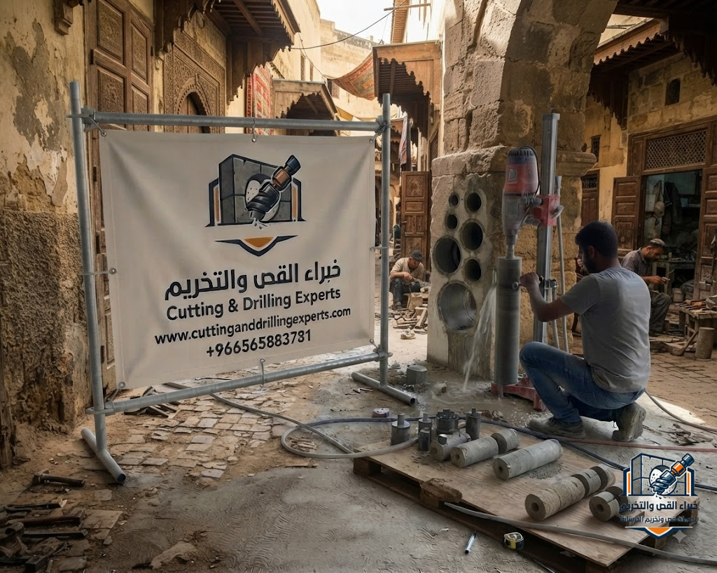تنفيذ فتحات دائرية في الخرسانة المسلحة بجدة باستخدام جهاز الكور الماسي